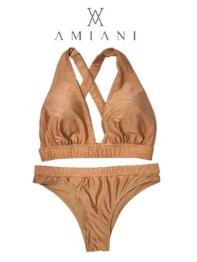 AMIANI Copper Mist Plunging Cross Back Brazilian Cut Bikini Set Sz Medium